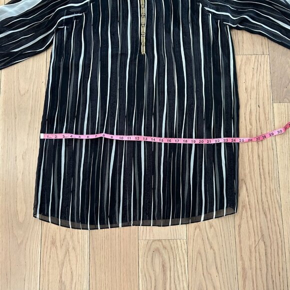 Halston Heritage Black Stripe Mini Dress, Crinkle Chiffon, Gold Detail, Sz. XL - Picture 10 of 11